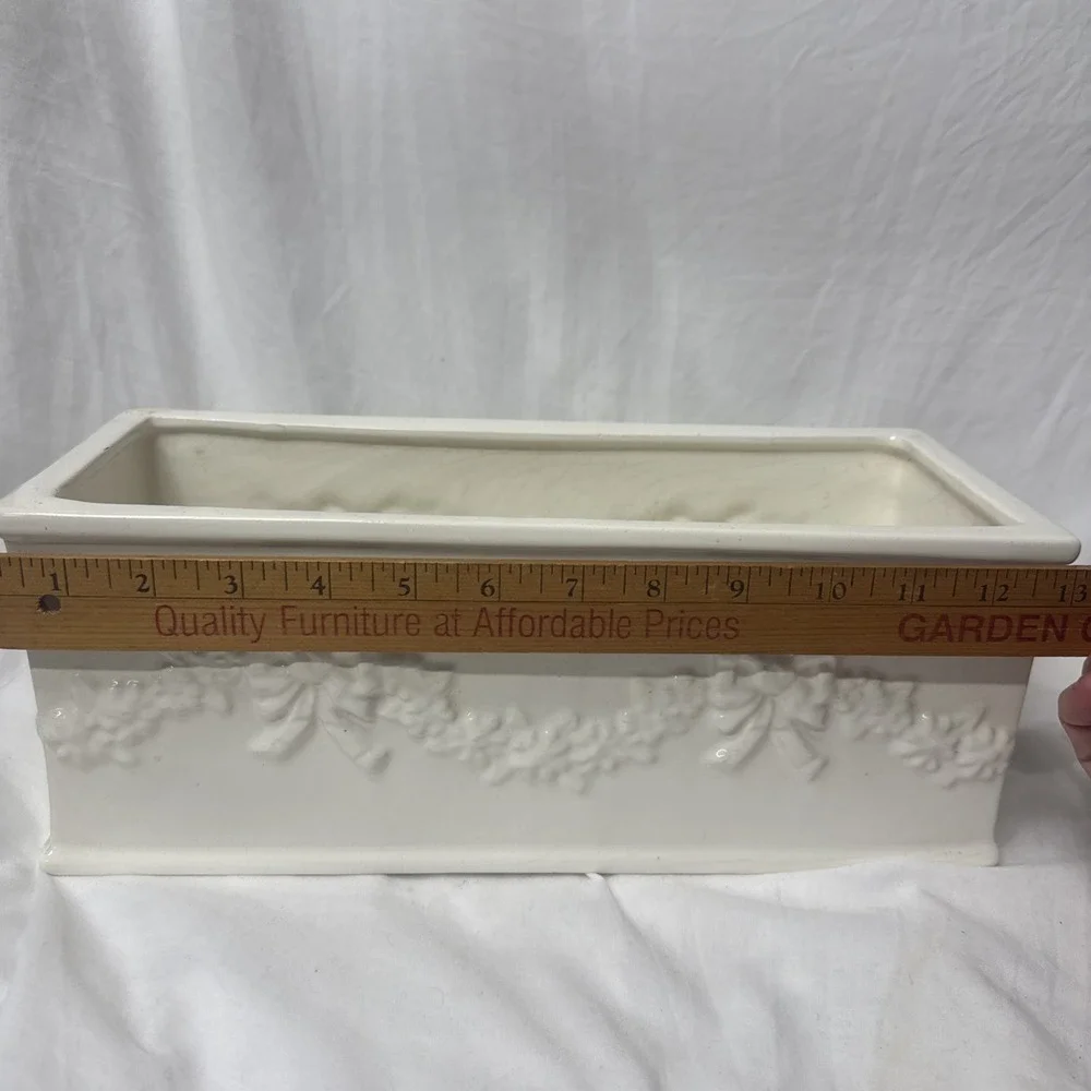 Vintage White Ceramic Rectangular Window Box Planter Garland Bows 13